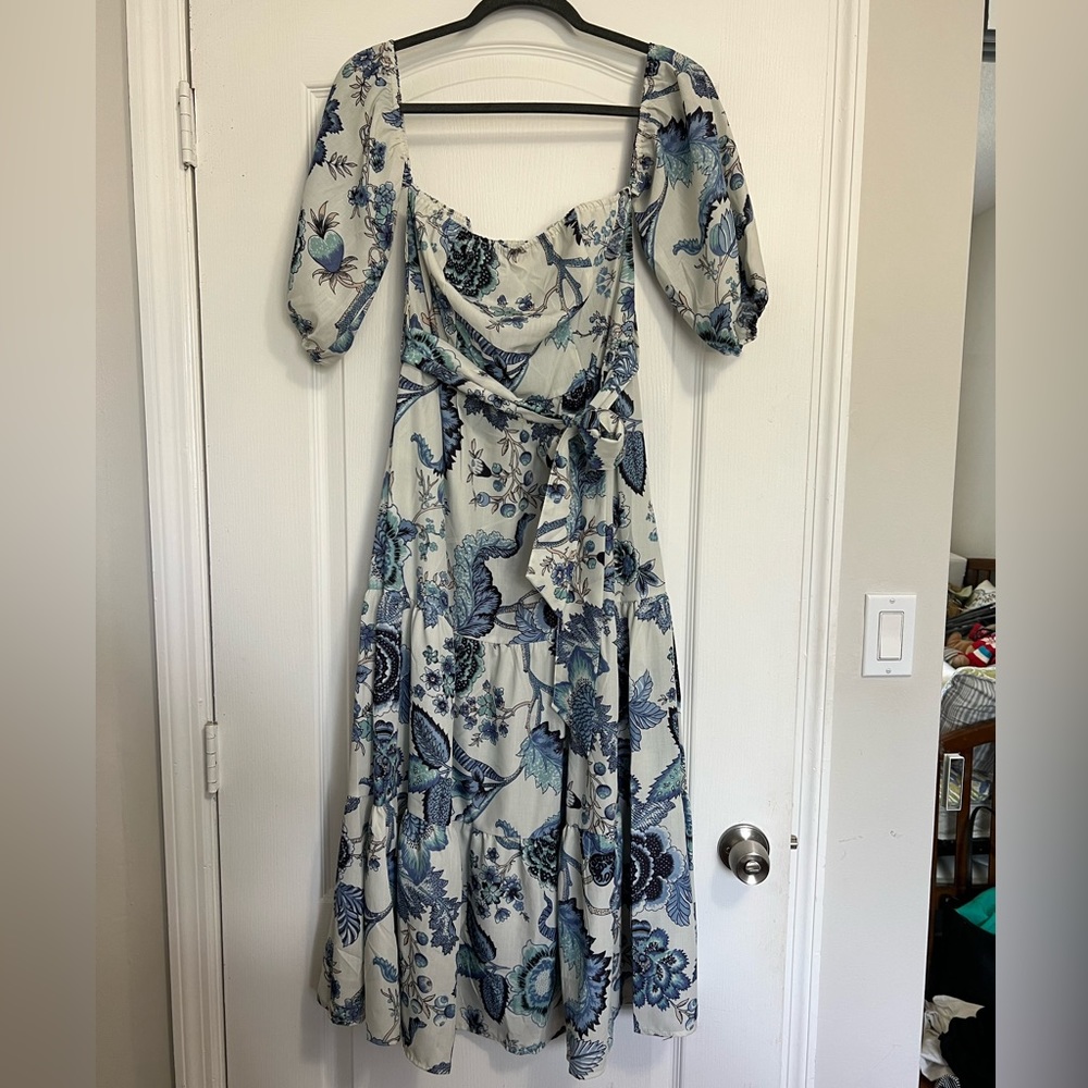 Blue and White Printed Midi Dress
